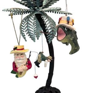 Vtg Pair Of Christmas Ornaments 4" Multi Resin Santa & Midwest Largemouth Bass